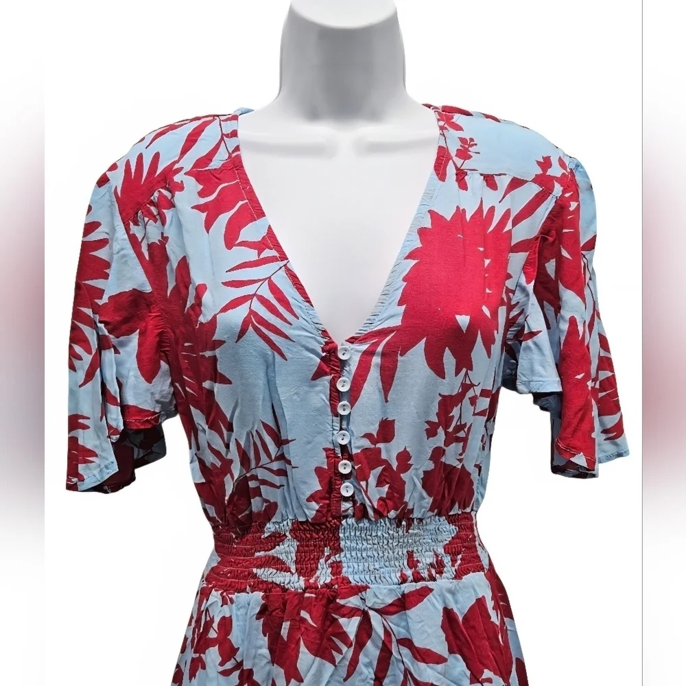 0069 Abel the Label Dress Tropical Blue Pink Floral High Low Midi Flounce XS - Picture 2 of 15